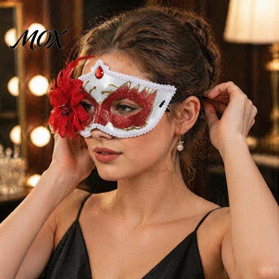 Fancy Dress Accessory Masquerade Masque for Women, Glitter Venetian Half Face with Side Floral Party Flower And Feather Halloween Costume, Mardi Gras,