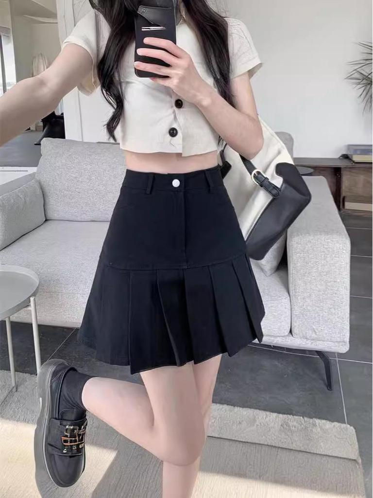 Черная плиссированная юбка А-силуэта с высокой талией - Лето 2024