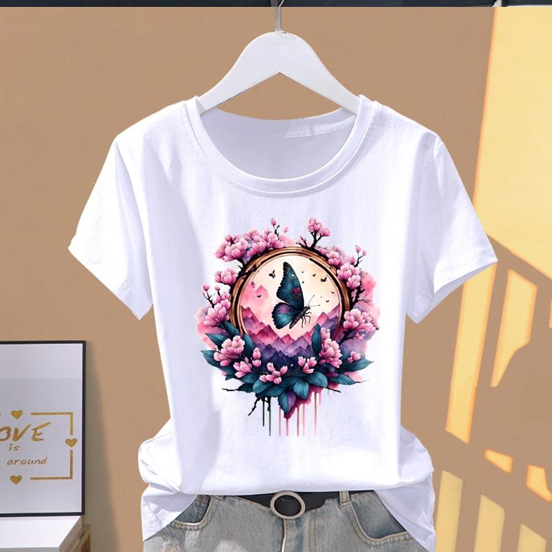 (Asian Size) Women's Top 90s Trend Butterfly Cute Short Sleeve T-shirts Fashion T Clothing Print Female Casual Graphic Tee