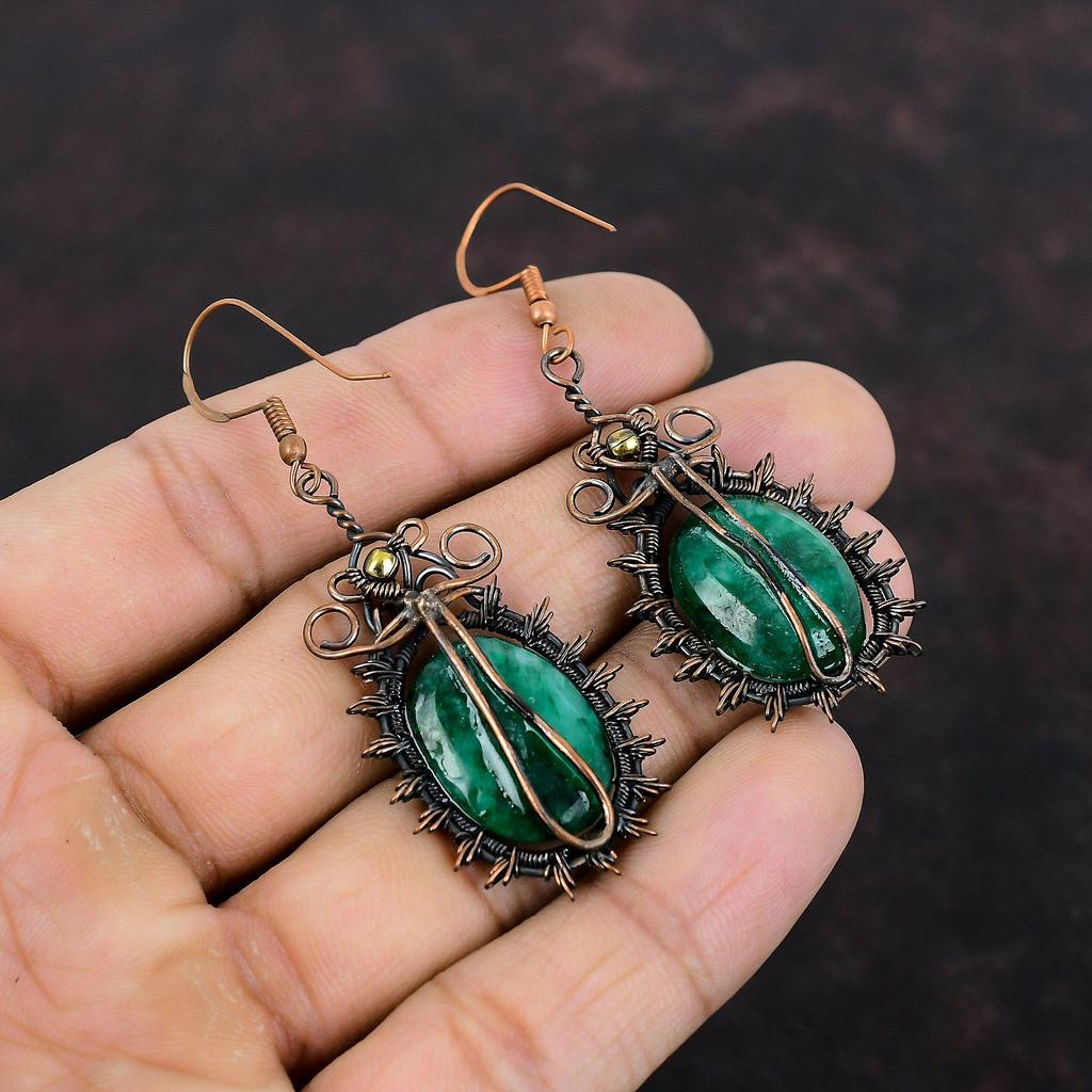 Серьги с ограненным замбийским изумрудом, серьги с медной проволокой, замечательные серьги с драгоценными камнями, медные украшения для подарка, украшения ручной работы из проволоки