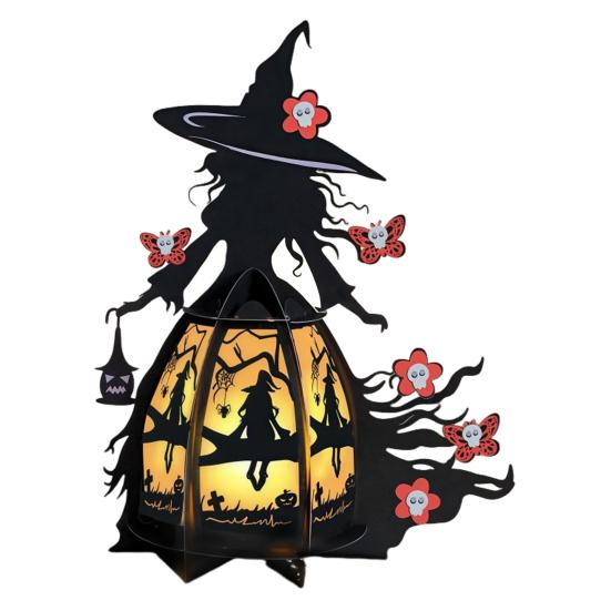 Хэллоуинский фонарь ведьмы 3D Жуткий фонарь Светящийся настольный центральный элемент Готическая лампа ведьмы с летучей мышью и черепом для украшения дома, каминной полки, прихожей, столешницы