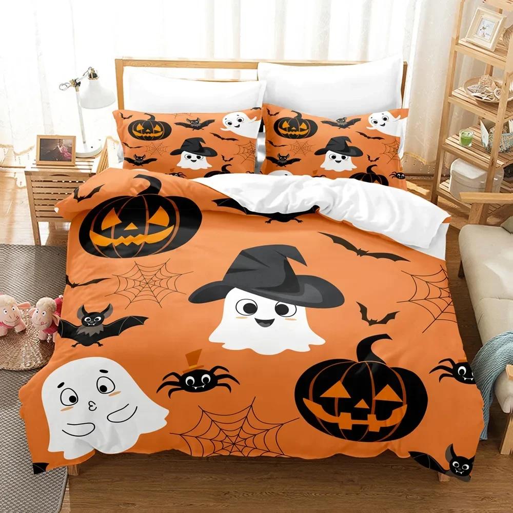 Halloween Cartoon Pumpkin Lantern Castle Bat Comfortable Duvet Quilt Cover Pillowcase Bedding Set Children Bedroom Decoration