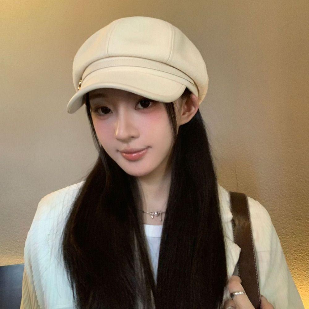 Brown Suede Octagonal Hat British Style Painter Hat Personality Pu Leather Beret Girl