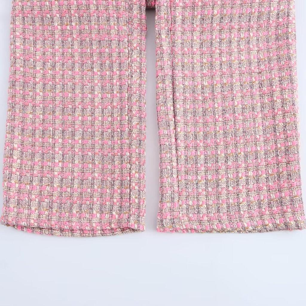 European and American French women's clothing, fashionable and versatile temperament tweed high-waisted loose straight trousers