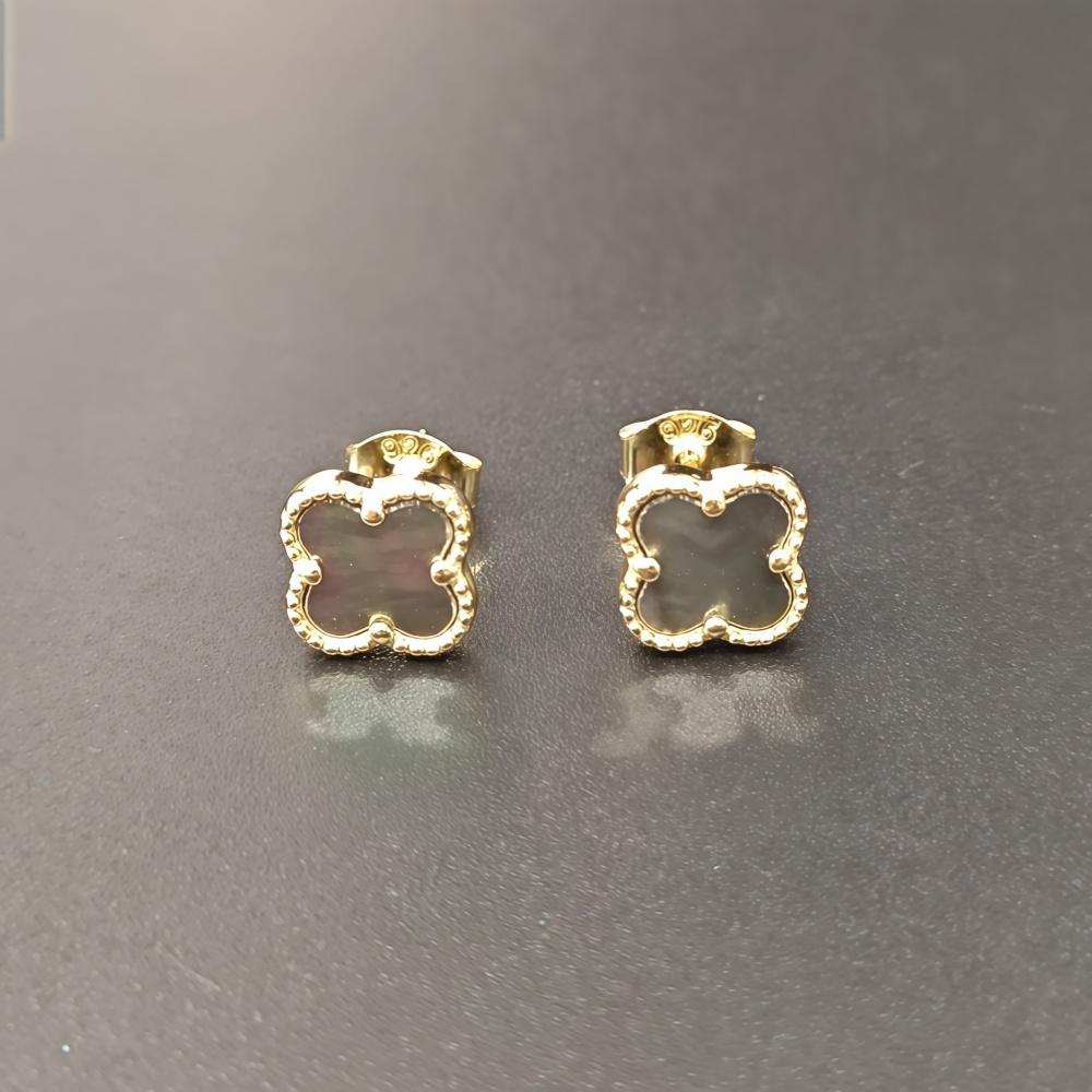 Серьги-гвоздики из стерлингового серебра 925 пробы с четырьмя цветочными листьями, 14-каратное золото, 7 мм, тигровый глаз