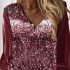 Fall Spring Women Top Shiny Sequin V Neck Long Sleeve Patchwork Loose Pullover Soft Breathable Mid Length Lady Commute Shirt Blouse