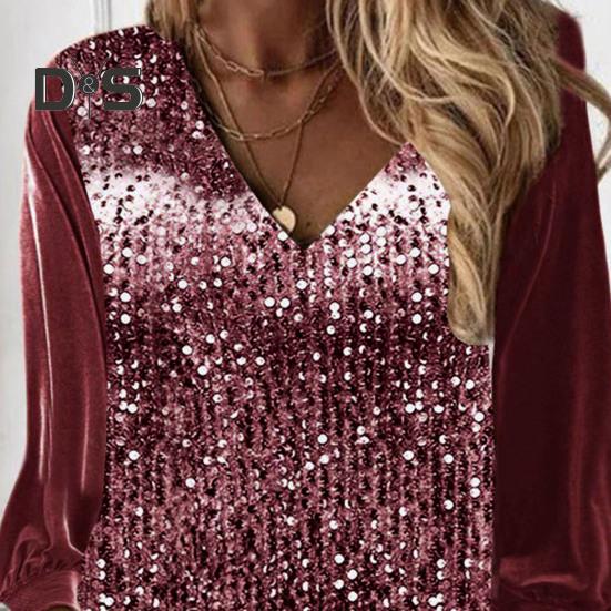 Fall Spring Women Top Shiny Sequin V Neck Long Sleeve Patchwork Loose Pullover Soft Breathable Mid Length Lady Commute Shirt Blouse