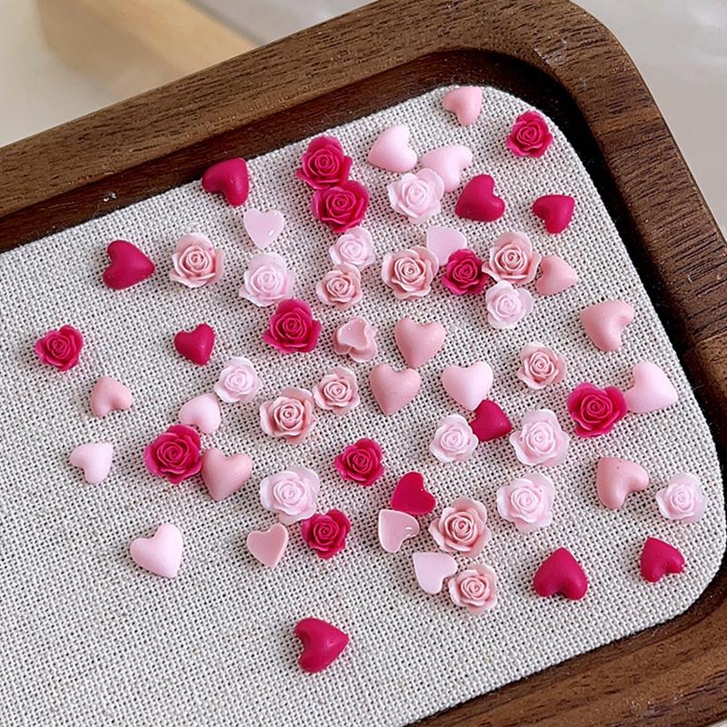50Pcs Heart Rose Nail Art Decorations Resin Soft Carving Flower Nail Drills Mixed Size Vintage Nail Accessories