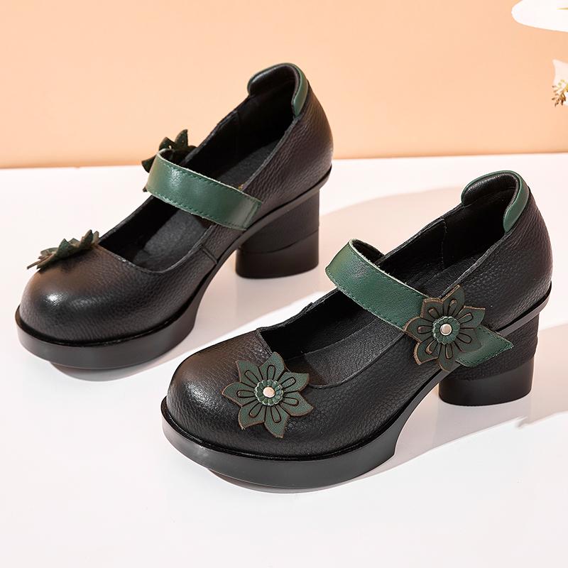 Fashion GKTINOO Spring Women Pumps Retro Lady 7CM High Heels Buckle Strap Flower Pumps Handmade Women Genuine Leather Shoes