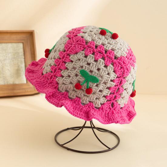 Мультяшная шерстяная шапка с аппликацией в виде вишневого гриба, вязаная шапка, полая, конфетного цвета, детский головной убор, ведро