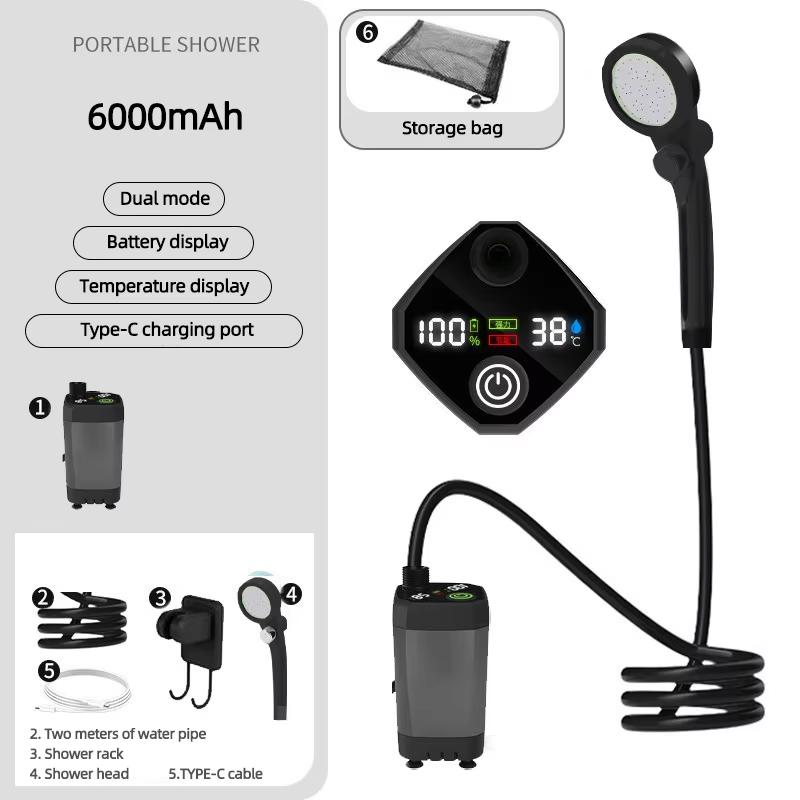 Портативный душ для кемпинга 6000 мАч перезаряжаемый кемпинговый душ с душевой лейкой интеллектуальный светодиодный дисплей электрический душевой насос