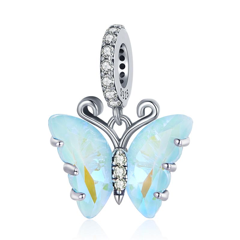 WOSTU 925 Sterling Silver Butterfly Charms Rainbow Crystal Pendant Animal Beads Fit Women Bracelet DIY Necklace Jewelry Making