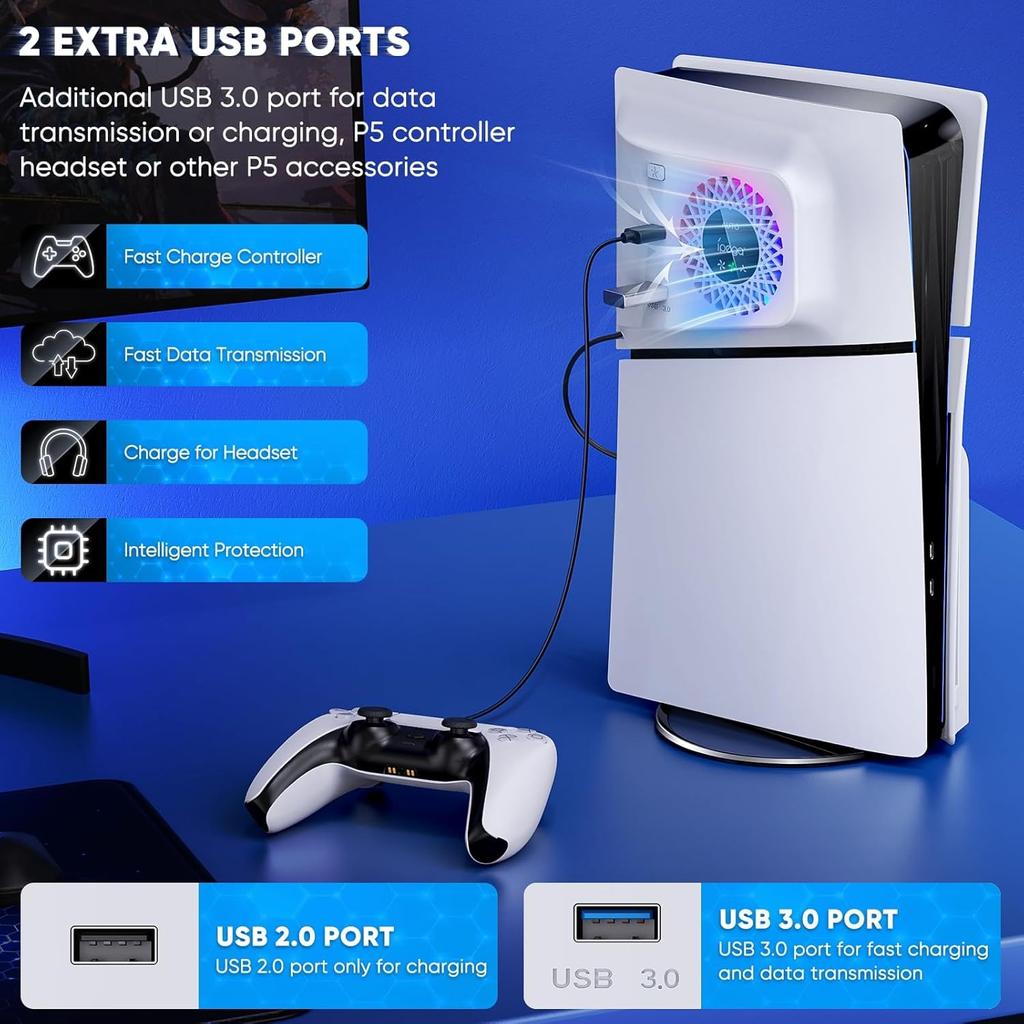 Вентилятор охлаждения RGB с защитной пластиной для PS5 Slim Digital/Disc, автоматическая регулировка скорости с помощью датчика температуры, 3 ручных скорости вентилятора и концентраторы USB3.0, система охлаждения