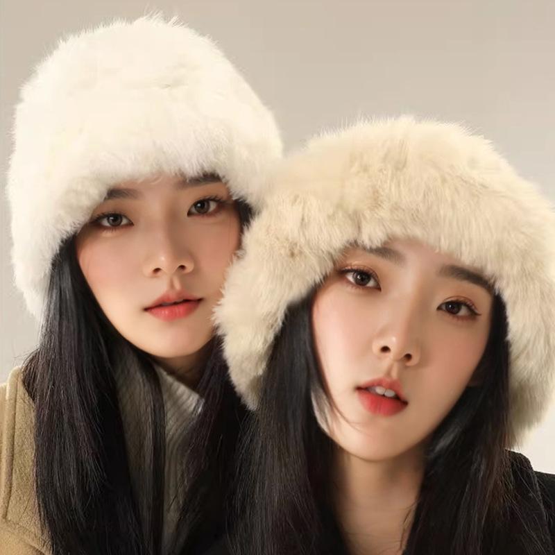 Rabbit Haired Hat Women's Face In Autumn and Winter Small Furry Plush Hat Warm Ear Protection Fur Big Head Fisherman Hat Trend