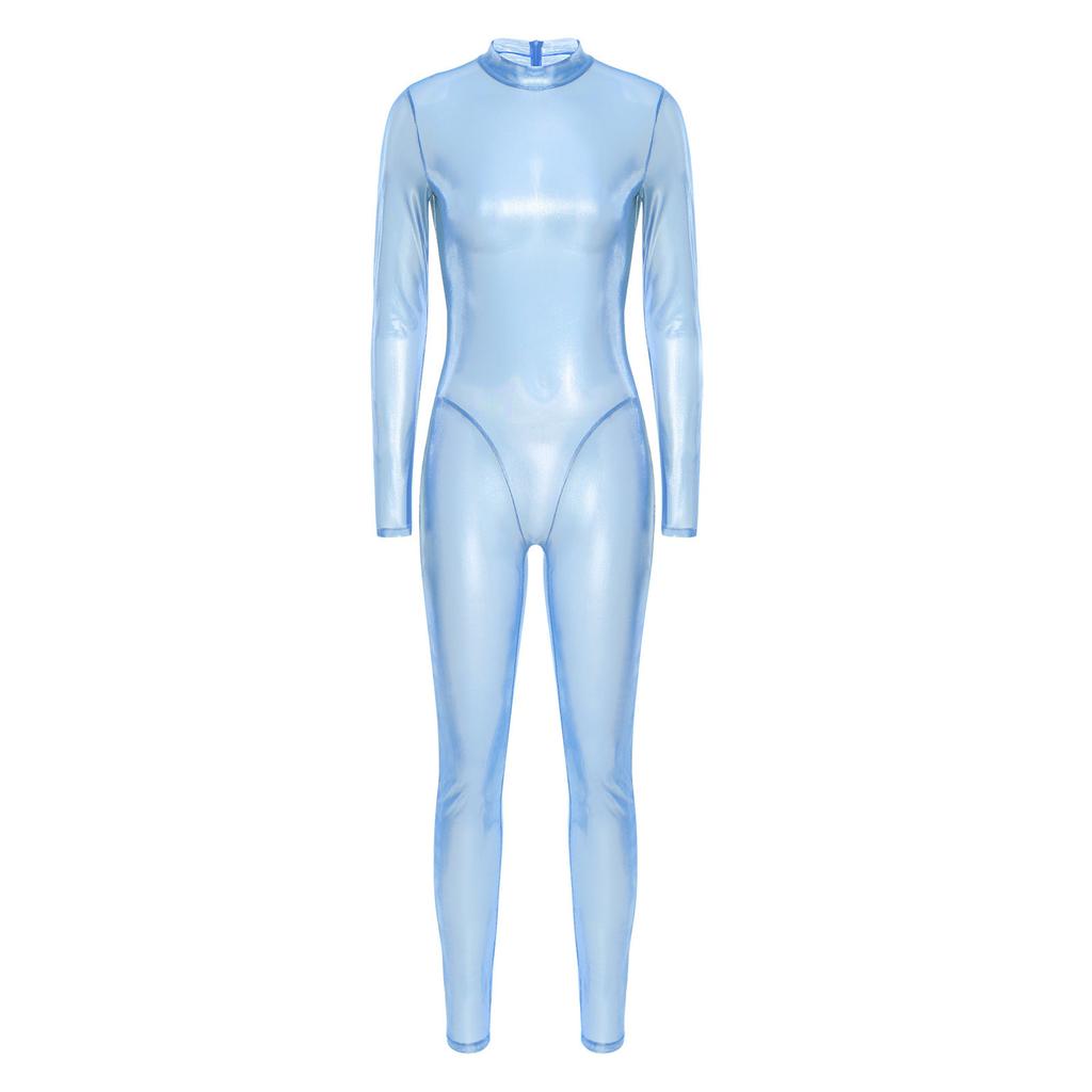 Женский блестящий металлический комбинезон-боди с длинным рукавом, леггинсы с высокой талией, комбинезон с молнией сзади