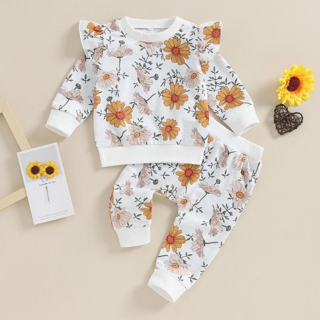 Комплект из двух предметов для маленьких девочек, 6 мес, 12 мес, 18 мес, 24 мес, 3 года, толстовка с круглым вырезом и длинными рукавами и цветочным принтом, спортивные штаны с эластичной резинкой на талии, осенняя одежда