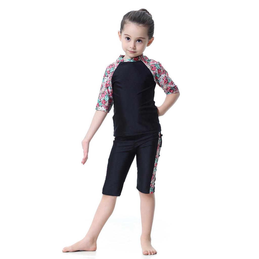 Three-Piece Swimsuit Girls Short Sleeve Print Floral Swimming Suit for Kids Swimwear Baby Children Swimming Bathing Suit with Cap