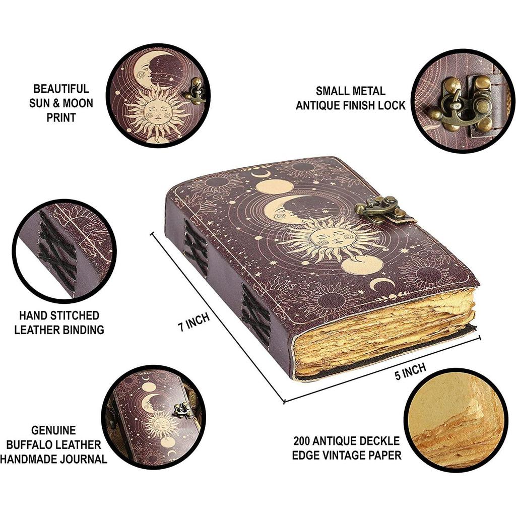 Handmade Vintage Journal Sun Moon Leather Journal Grimoire Journal 7x5 Inch