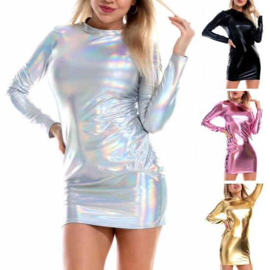 Женское платье из кожи, приталенное, глянцевое, облегающее, однотонное, гладкое, из искусственной эластичной ткани, с длинным рукавом, с воротником выше колена, для вечеринки в ночном клубе, мини