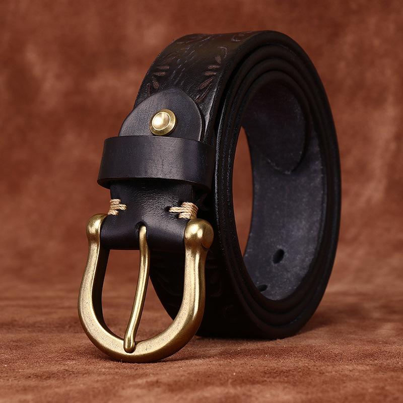 Thickened Extra Thick Personalized Engraved Retro Matte First Layer Cowhide Belt Men'S Genuine Leather Horseshoe Buckle Casual Denim Belt