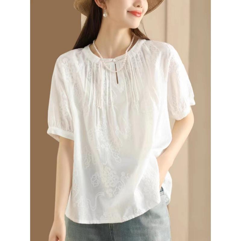 Women's Summer Cotton Linen Lace Embroidered Shirt Short-Sleeved Loose Retro Elegant Sweet Tops