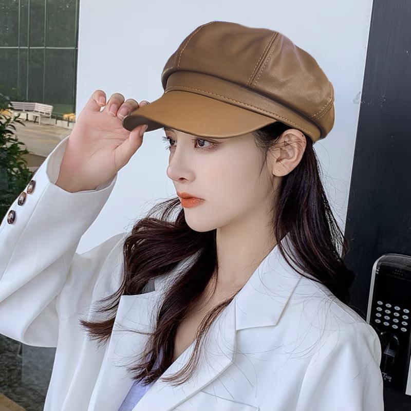 1PC PU leather octagonal hat duck tongue Korean version tide spring retro British style hat women's versatile beret