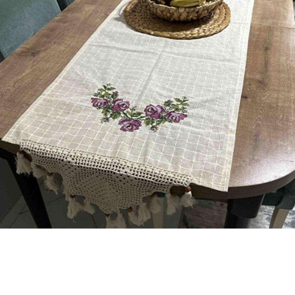 Хлопковая скатерть с кружевом ручной работы и вышивкой на холсте
