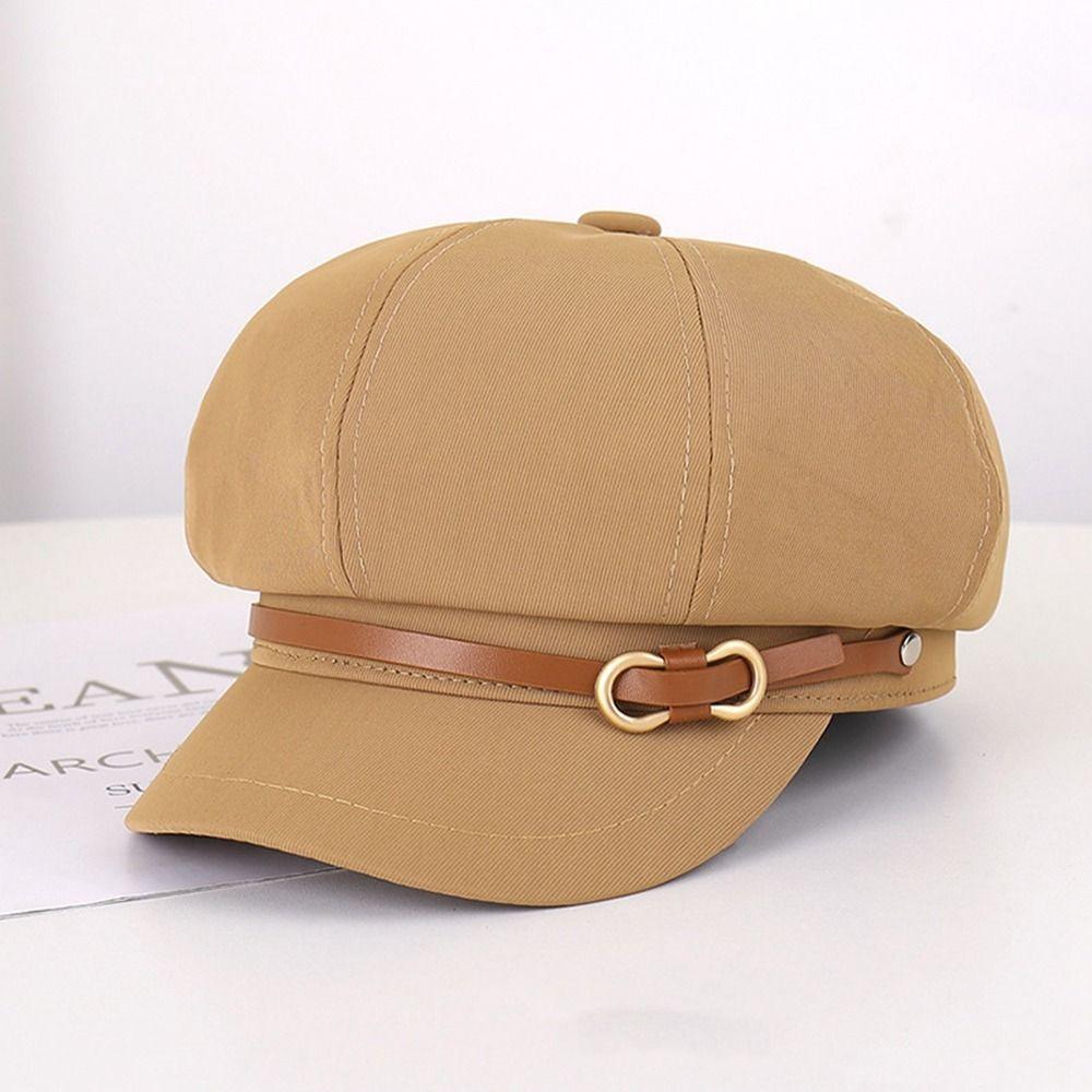 Newsboy Cap Octagonal Hat Leather Buckle Painter Hat Personality Black Beret  Girl