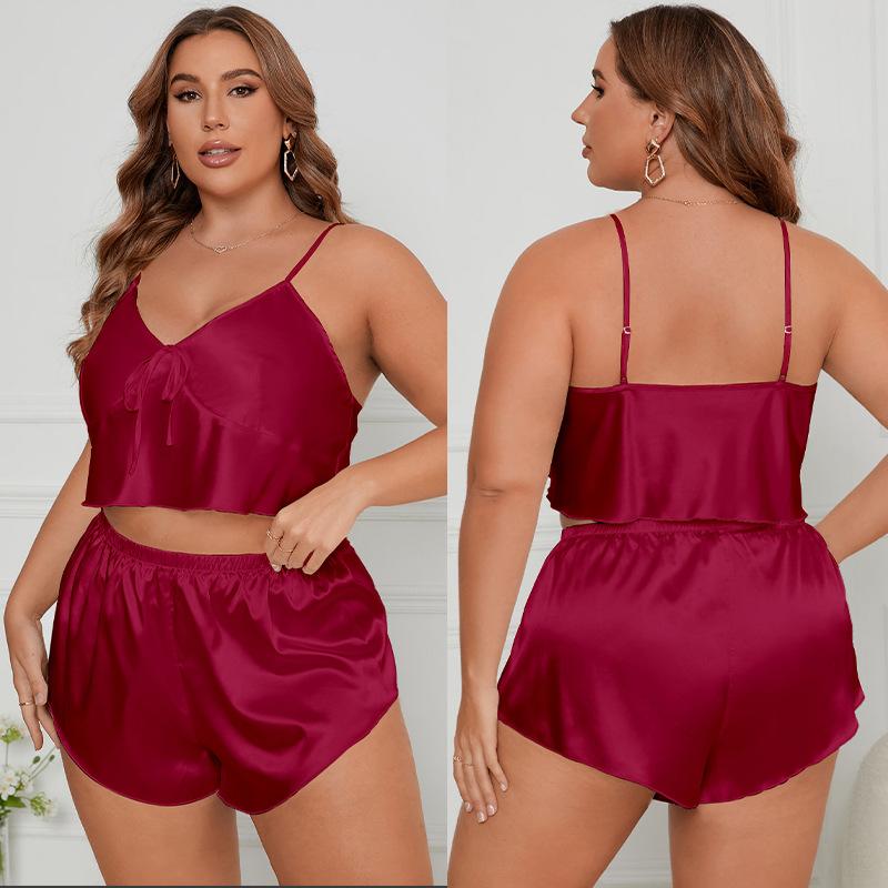 Плюс Размер Женский Новый Ice Silk V-образный вырез Хальтер Шорты Пижамный комплект