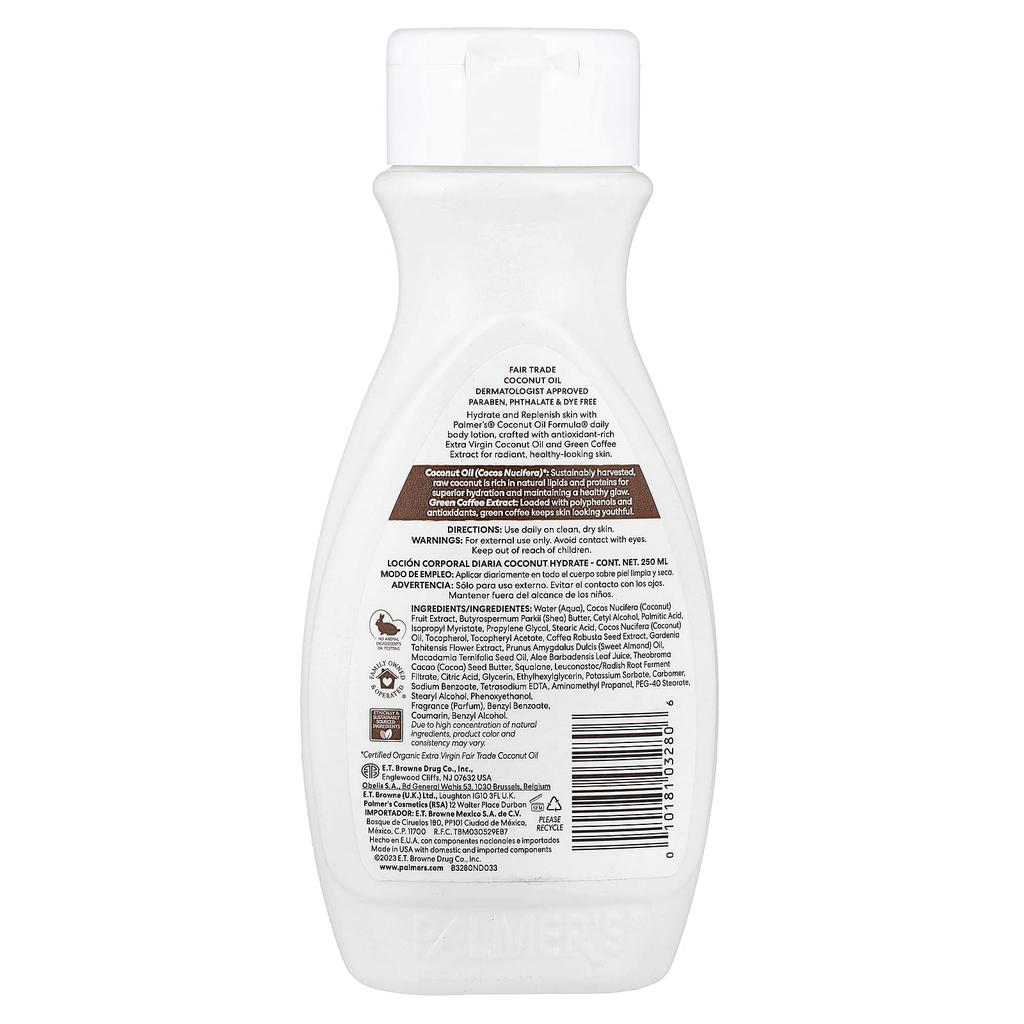 Palmer's Формула с кокосовым маслом и витамином Е, Coconut Hydrate Ежедневный лосьон для тела, 250 мл (8,5 жидких унций)