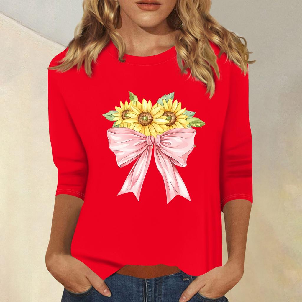 Женская мода повседневный принтованный топ с семью рукавами и круглым вырезом