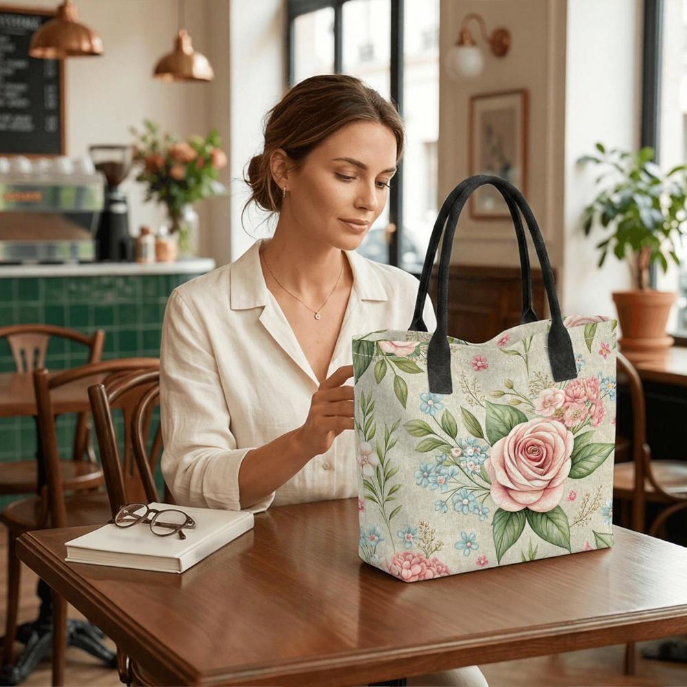 Vintage Rose Floral Casual Canvas Tote Bag for Daily Use