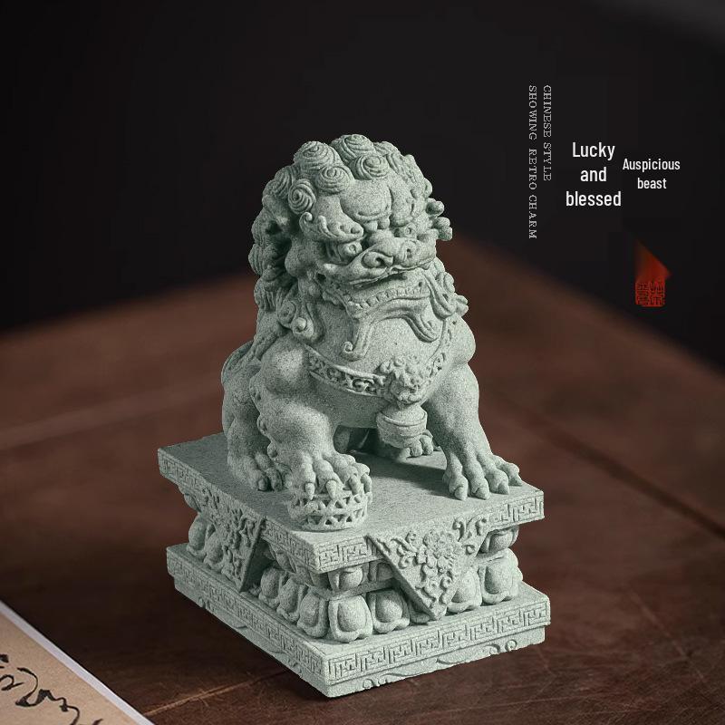 Chinese Green Sandstone & White Marble Lion Ornaments for Fish Tank Decoration