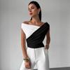 Women's Off The Shoulder Top Wrap Ruched Asymmetrical Tee Shirts Color Block Going Out Tops