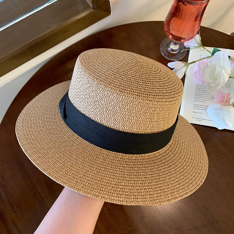 French-style flat-top straw hat for women, summer large head circumference seaside beach straw sun hat, sun protection hat