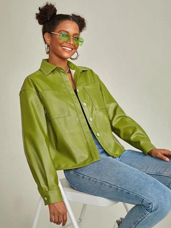Women Soft Stylish Leather Green Handmade Lambskin Formal Shirt Casual Genuine
