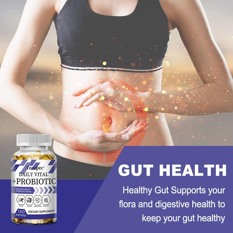 Daily Vitality + Probiotics, containing plant extracts, prebiotics, and probiotic capsules, 120 capsules.