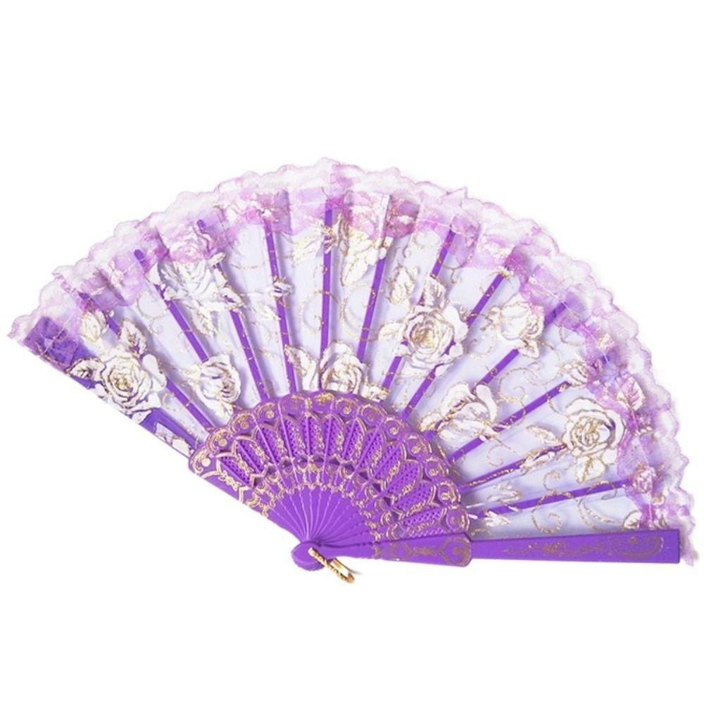 Home Decoration Handheld Ladies Lace Hand Fan Plastic Handle Rose Pattern Folding Fan Translucent Spanish Fan Dance Prop