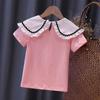 Летняя белая футболка с короткими рукавами для девочек, новинка 2022 года, хлопковая детская кружевная блузка с лацканами для подростков, детская школьная одежда, топы