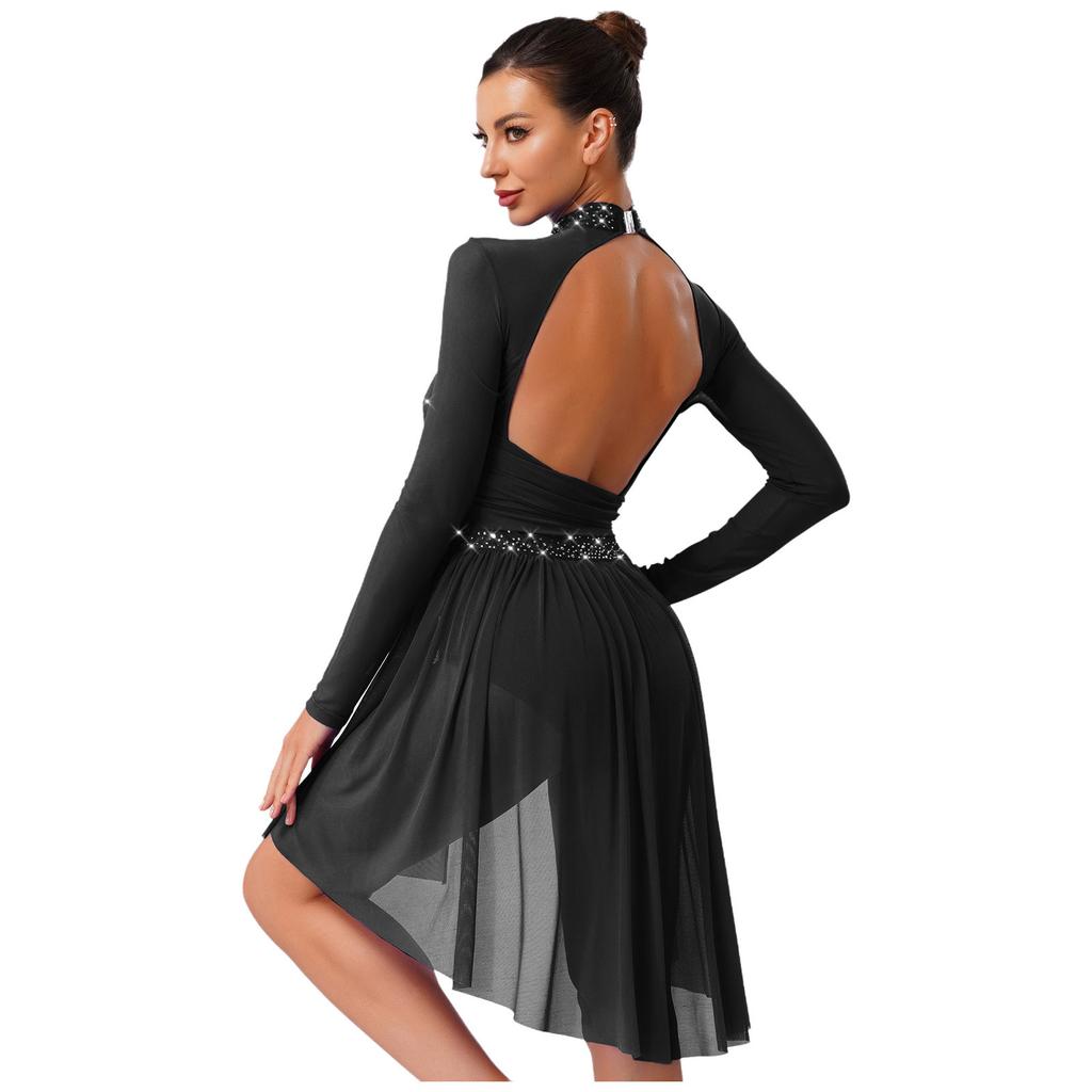 Женское боди с длинным рукавом и открытой спиной, платье с блестками и стразами, присборенное, танцевальный костюм