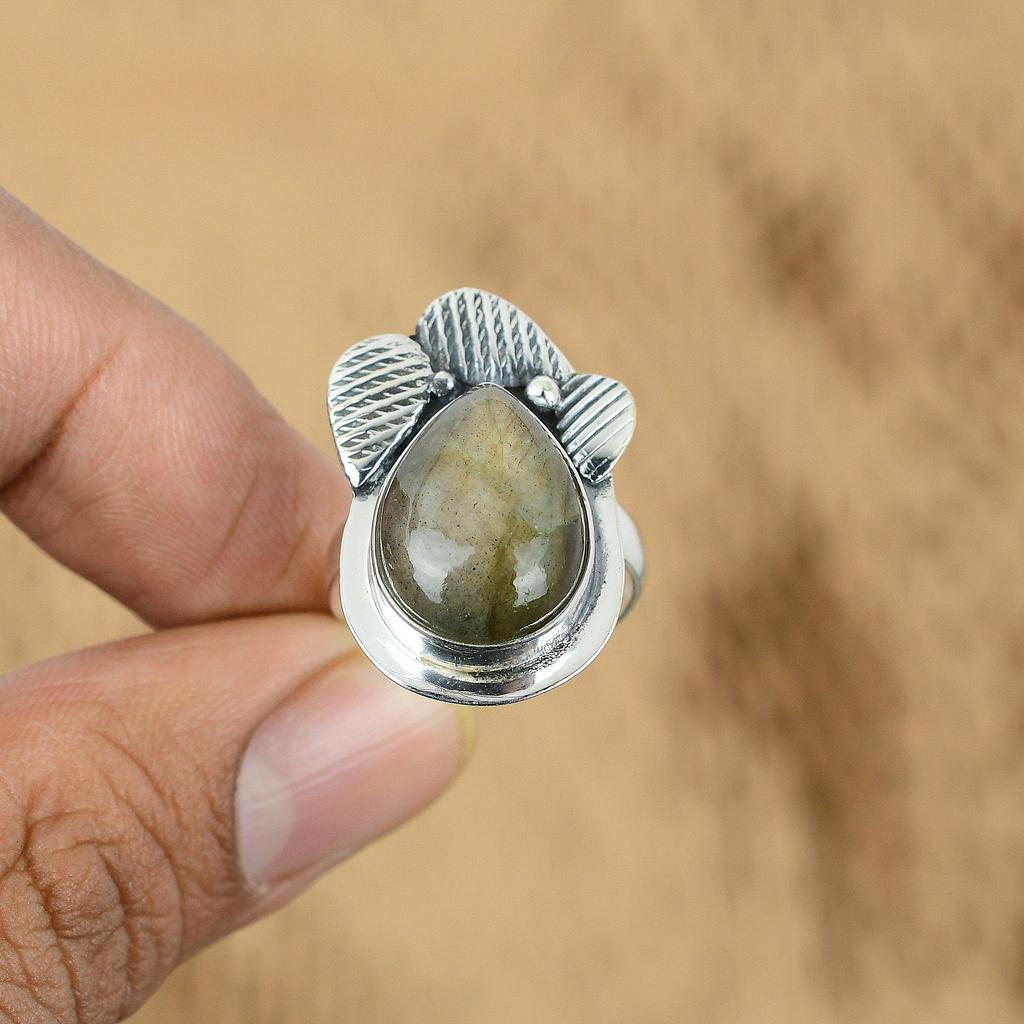 Pear Labradorite Stone Unique Promise Wedding Trendy Artisan New Ring 925 Silver