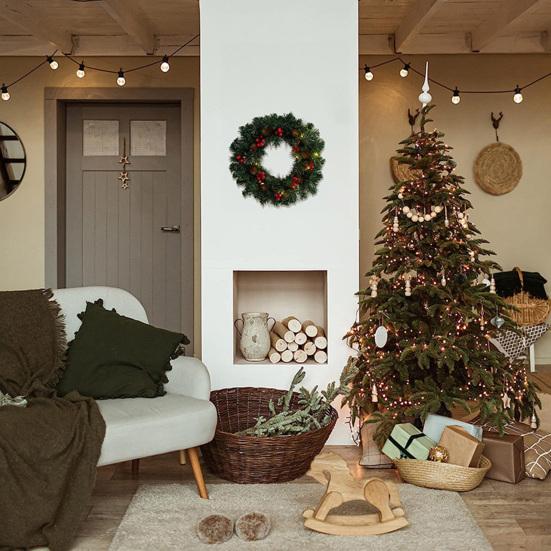 Рождественский венок из сосновых иголок, венок из шишек с красными ягодами, многоразовый сезонный праздничный венок для украшения каминной полки входной двери