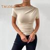 Женская летняя футболка с косым воротником и коротким рукавом, приталенная футболка, однотонный пуловер с боковыми сборками, топы