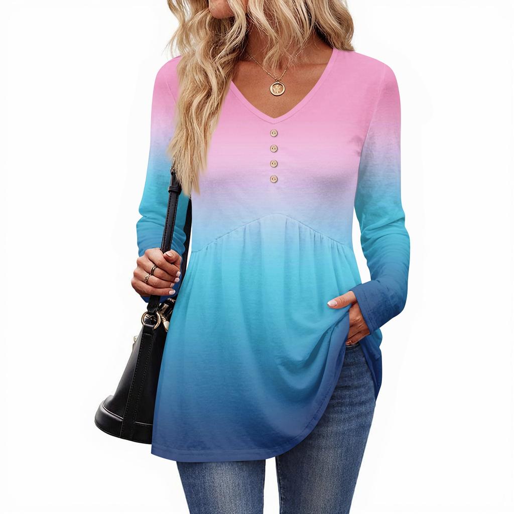 Women's Casual Fashion V-Neck Button Gradient Long Sleeve Top