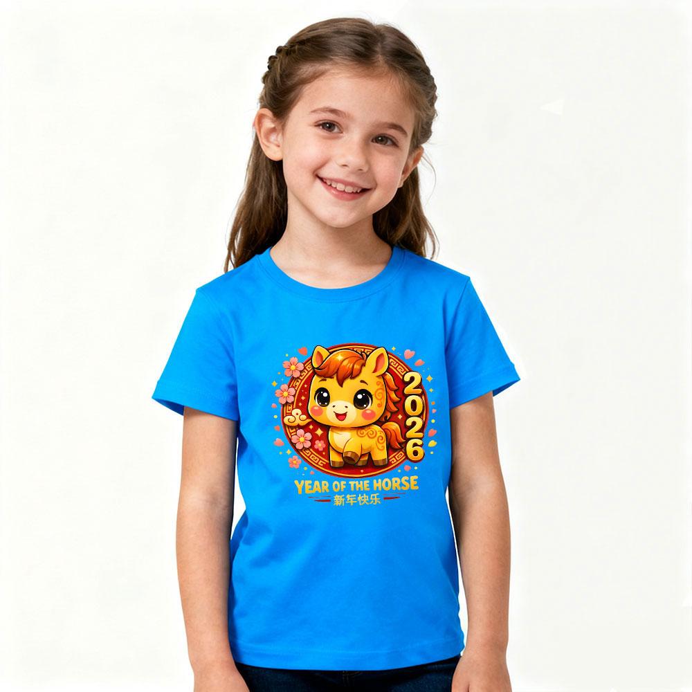 Year of The Horse 2026 Kids Tshirt Chinese New Year Kawaii Horse Printed Shirt Boys and Girls New Year Festival Costumes