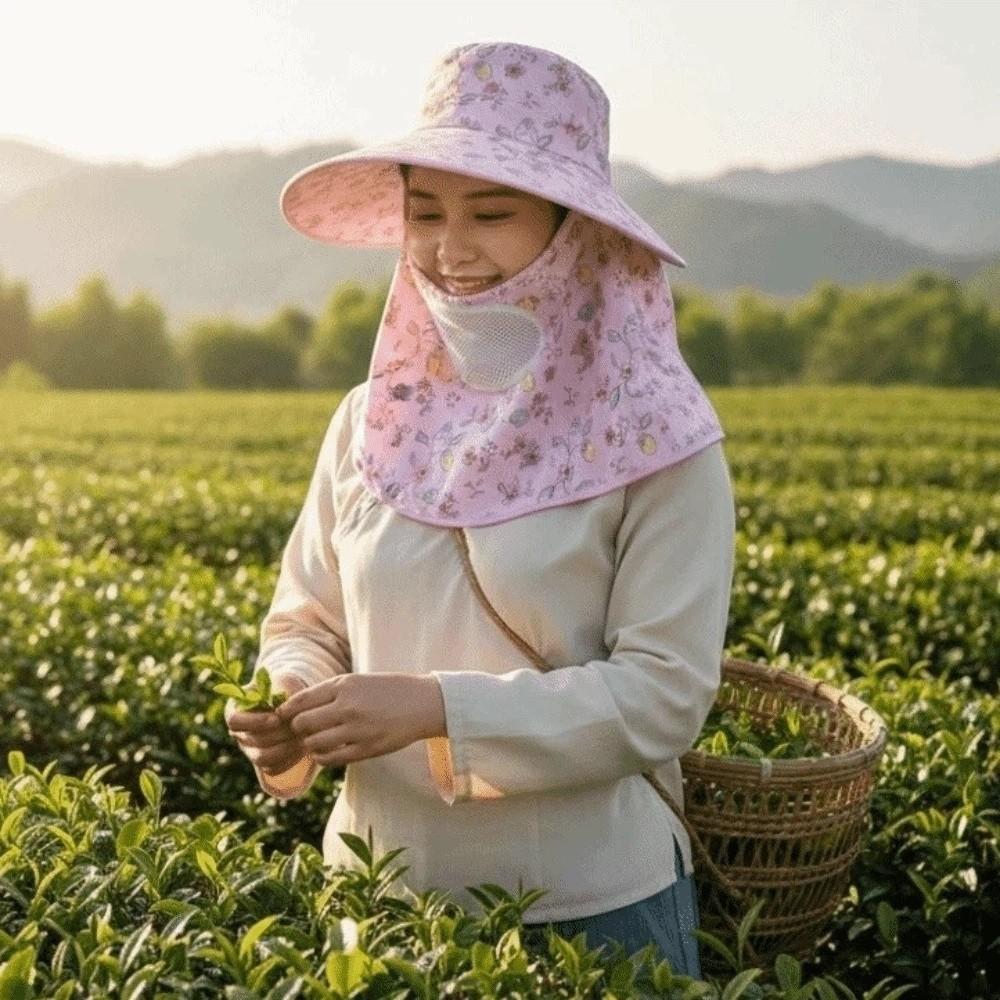 Thin With Mask Picking Tea Hat Floral Detachable Sunshade Shawl Cap Polyester Breathable Neck Protection Hat Spring / Summer