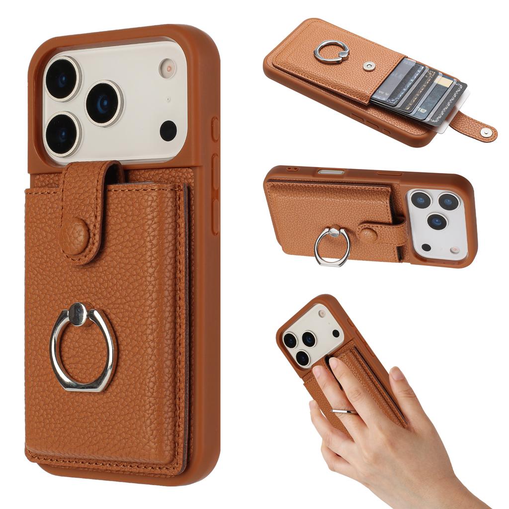 For iPhone 17 Pro Case with Ring Kickstand Drawing Type Card Slots Leather Back Cover
