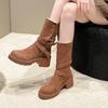 2024 Hot Sale Women's Shoes Slip-on Women's Boots Fashion Belt Buckle Modern Boots Women Winter Rivet Round Head Mid-Calf Boots