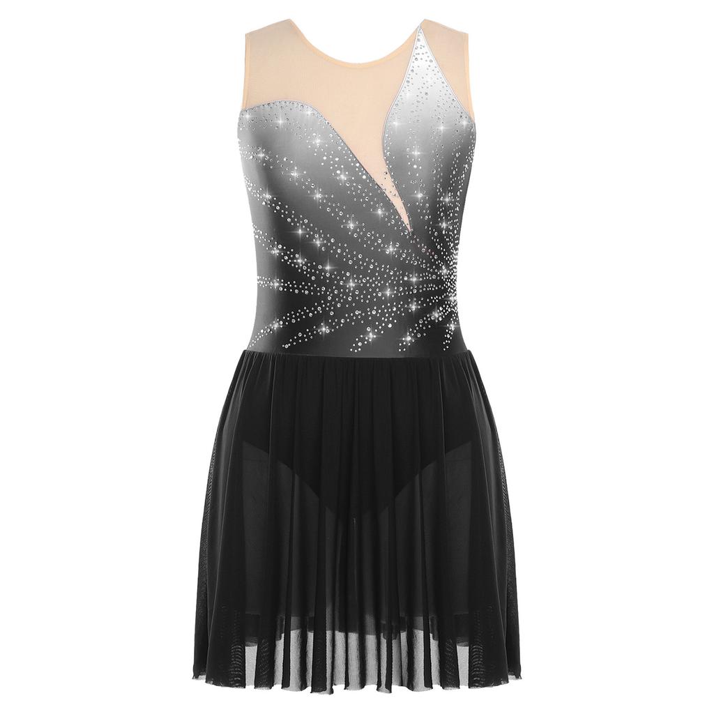 Женское платье для фигурного катания со стразами, сетчатой вставкой, без рукавов, платье для катания на льду, со встроенными трусиками