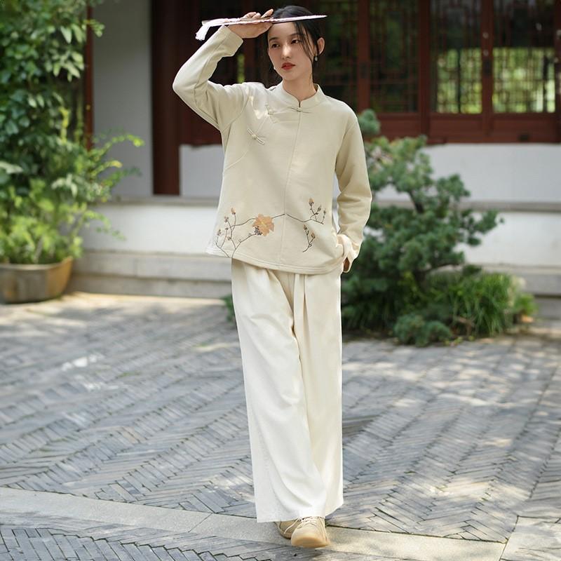 Johnature Женская вышитая цветочная стойка толстовки с длинным рукавом в китайском стиле ткани осенний однотонный пуловер толстовка